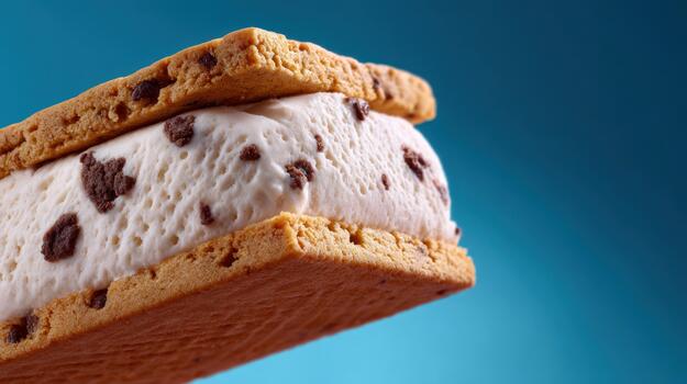 A delicious ice cream sandwich featuring smooth chocolate chip ice cream nestled between two crunchy graham cracker cookies. Perfect for a refreshing treat on a warm day. photo