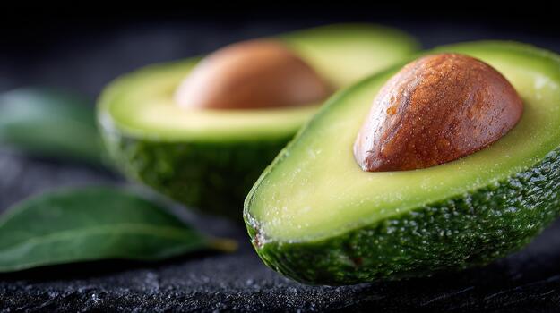 Fresh and ripe avocados cut in half, revealing their smooth green flesh and large pit photo