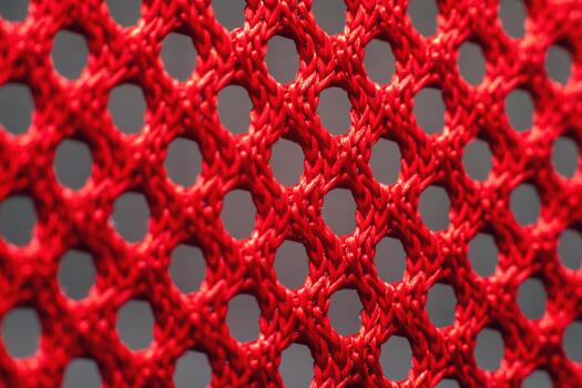 Macro closeup of red synthetic woven fabric mesh with braided threads and geometric grid pattern. photo