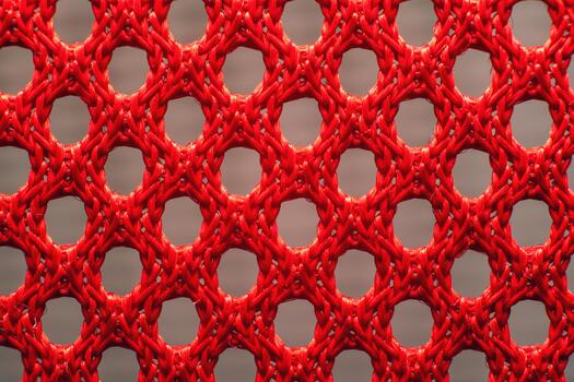 Macro closeup of red synthetic woven fabric mesh with braided threads and geometric grid pattern photo