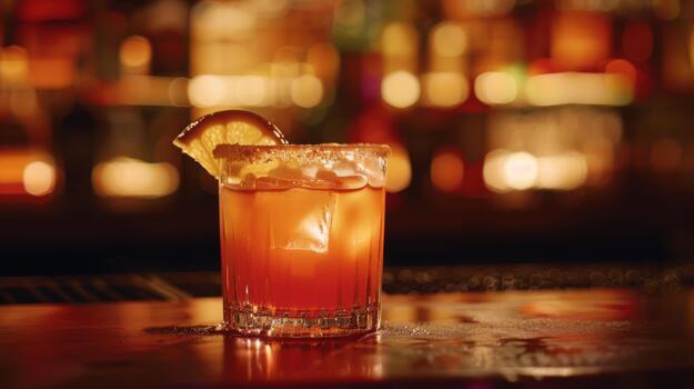 An orange cocktail with a sugar rim and ice in a rocks glass, sitting on a dark wooden bar counter with blurred, warm bokeh lights in the background photo