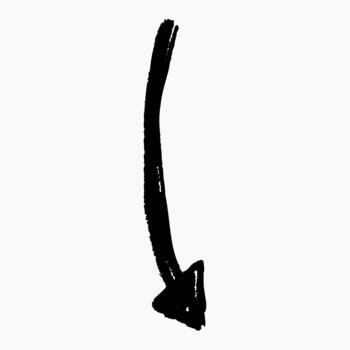Hand drawn black charcoal doodle arrow used in freehand diagrams, marker style drawing with rough sketch texture and scribbled curved direction. vector