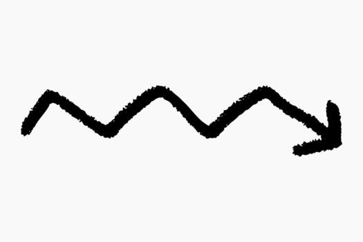 Hand drawn doodle arrow in black charcoal style, freehand curved motion used in diagrams, marker texture with rough edges and grain. vector