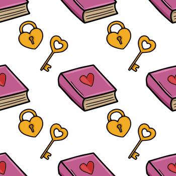 Seamless pattern of pink books with red hearts and golden heart-shaped locks with keys. vector