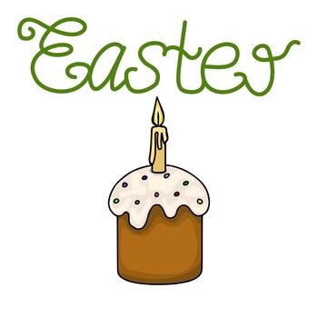 Festive illustration of an Easter cake with a lit candle and Easter text in decorative green script. vector