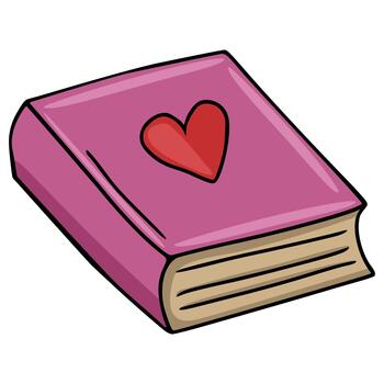 A charming illustration of a closed pink book adorned with a bold red heart on its cover, with visible page edges. vector