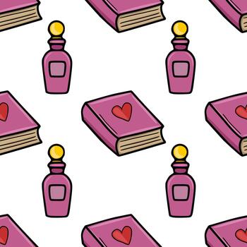 Seamless pattern featuring charming pink books with red hearts and elegant perfume bottles with yellow caps, set against a clean white background. vector