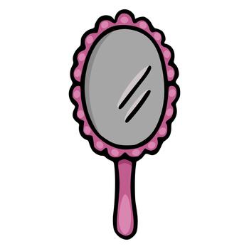 A charming pink scalloped-edge hand mirror with a gray reflective surface and a simple handle, presented as a clean illustration. vector