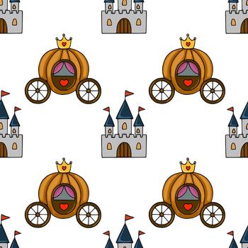 Seamless pattern featuring whimsical fairytale castles and royal carriages adorned with crowns and hearts, set against a clean white background. vector
