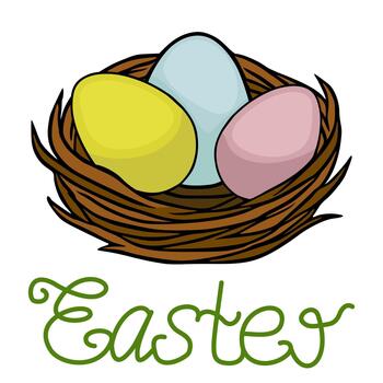 Charming illustration of a rustic nest filled with three pastel-colored Easter eggs, accompanied by elegant green script lettering spelling Easter. vector