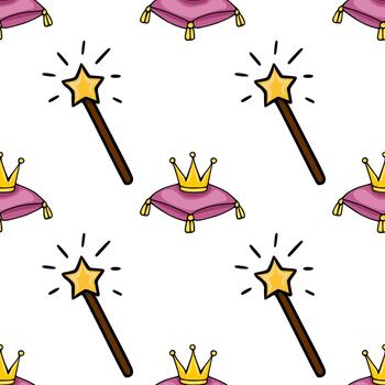 Whimsical pattern featuring a magic wand with a sparkling star and a royal crown resting on a plush purple cushion, set against a clean white background. vector