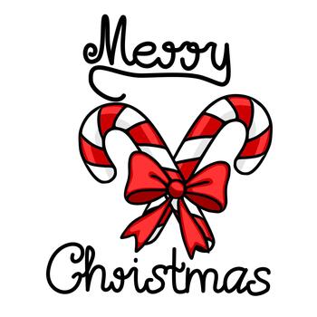 Whimsical illustration of two intertwined candy canes adorned with a festive red bow, accompanied by elegant script lettering for Merry Christmas. vector