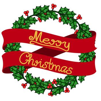 Festive illustration of a holly wreath with a red ribbon banner displaying Merry Christmas in golden script. vector