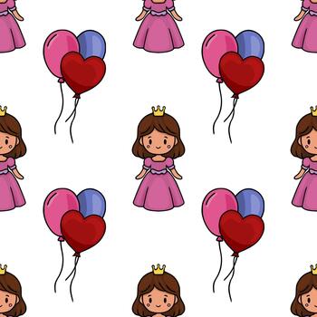 A charming illustration of a repeating pattern featuring cute princesses in pink dresses and a cluster of balloons, including a heart-shaped one, on a white background. vector