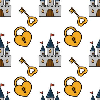 sin costura modelo presentando caprichoso castillos, en forma de corazon Cerraduras, y florido llaves, evocando un cuento de hadas estético. vector