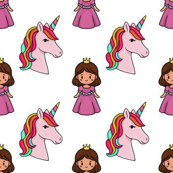 Charming pattern featuring a cute princess and a whimsical unicorn with a rainbow mane, rendered in a playful, illustrative style with a white background. vector