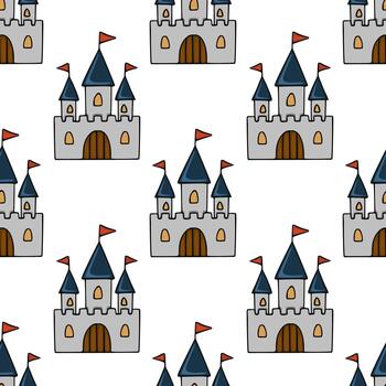 Seamless pattern featuring charming cartoon castles with grey stone walls, dark blue conical roofs adorned with red flags, and arched doorways, creating a whimsical and playful background. vector