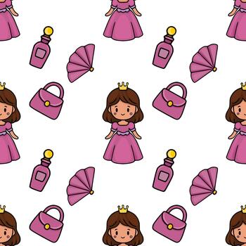 Charming pattern featuring a smiling princess with a crown, alongside a pink handbag, a perfume bottle, and a folded fan, all rendered in a cute, cartoonish style with a white background. vector