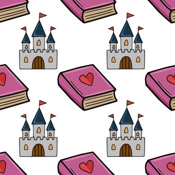 Whimsical pattern featuring pink storybooks with red hearts and fairytale castles with flags, set against a clean white background. vector