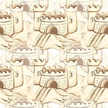 Immerse in the warmth of summer with a seamless pattern showcasing charming sandcastles on sunlit shores. A perfect backdrop for holiday vibes and beach themed decor. vector