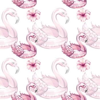 A delightful seamless pattern showcases pink flamingo pool floats surrounded by vibrant tropical flowers, creating a festive summer atmosphere suitable for beach themed designs. vector
