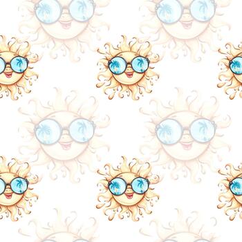 brillante y juguetón diseño vitrinas sonriente soles vistiendo Gafas de sol, rodeado por palma árbol motivos ideal para creando un vibrante verano ambiente en varios ajustes. vector