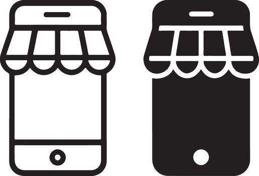 Mobile online shopping icon featuring a smartphone with a storefront awning, symbolizing e-commerce, digital retail and marketplace services. isolated on white background, , illustration vector