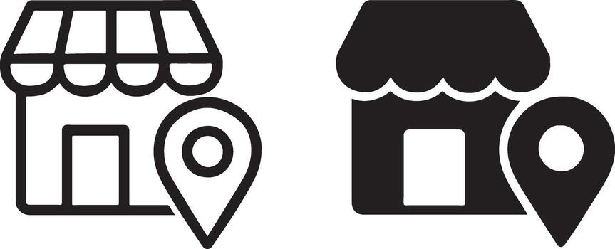 dos negro y blanco íconos de un Tienda y un mapa puntero vector