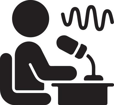 A person sitting at a desk with a microphone and a microphone vector