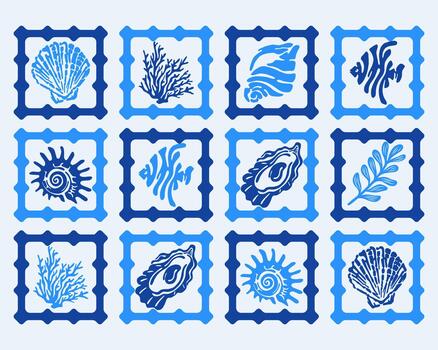 Marine life scallop fish and shell square grid pattern fabric textile motif design background print art editable vector