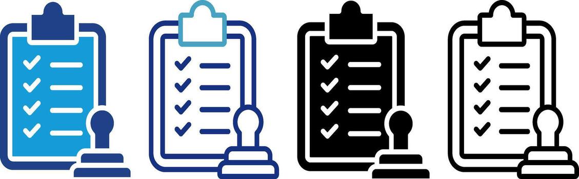 Icon of a successful compliance check or completed certification process, showing a checklist and stamp. vector