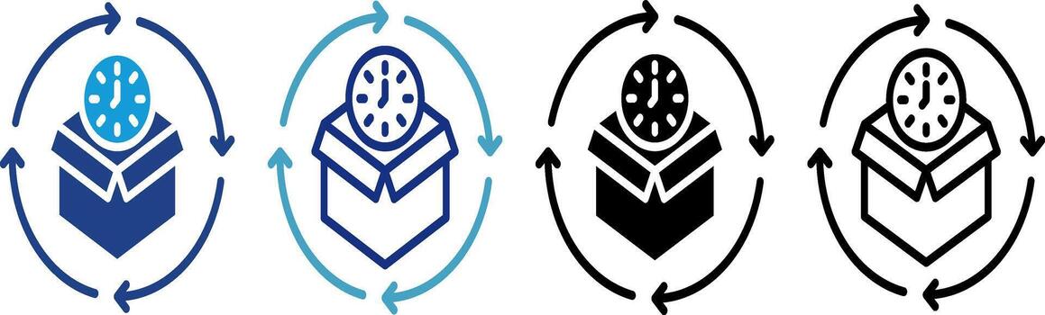 The fast production cycle or fast return process icon shows a clock inside the package surrounded by circular flow arrows. vector