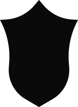 Solid black silhouette of a shield inspired by gothic motifs, displaying elaborate patterns. vector
