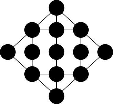 Thin-line molecular structure formed by interconnected circular dots. vector
