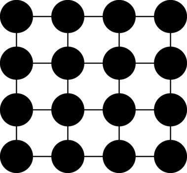 Circular nodes linked by radiating beams forming a geometric structured network. vector