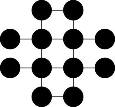 Cross-shaped geometric structure formed by circles connected with thin lines. vector