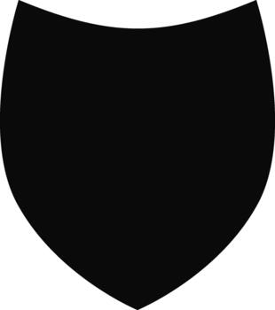 Solid black silhouette of a hexagonal shield with angular edges and a structured geometric design. vector