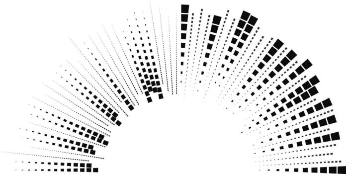 Half-circle arrangement contains irregular long square rays extending inward and outward from the curve. vector