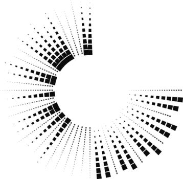 Circular formation of tapering square rays with irregular lengths and one quarter of the rays absent. vector