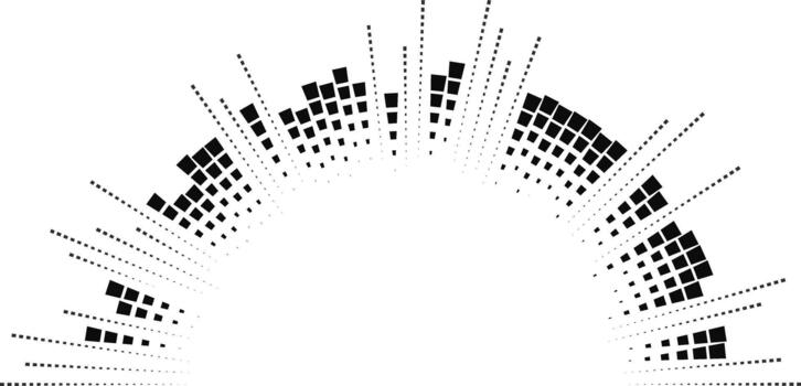 Medium-length square rays in irregular form project inward and outward from one side of a half circle. vector