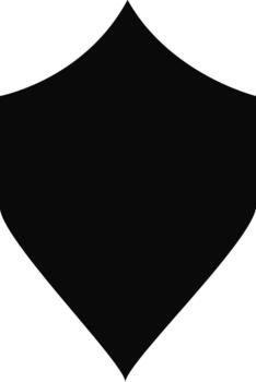 Solid black silhouette of a shield with flame-like patterns, suggesting a battle-worn design. vector