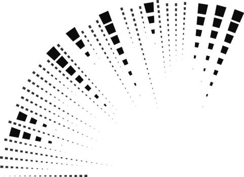 Graphic showing a quarter-circle section filled with irregularly spaced square rays extending outward. vector