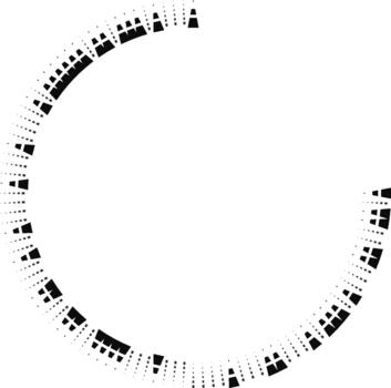 Circular form with short square rays distributed unevenly, missing one quarter, and a clear central space. vector