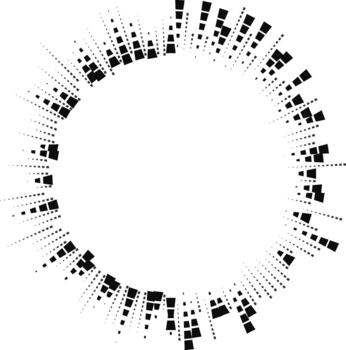 Circular design with a large empty center and irregular square rays radiating both inward and outward. vector