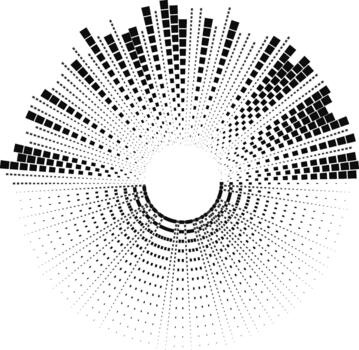 Half of the circle is filled with square-based irregular rays extending outward in a radial format. vector