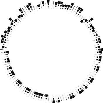 Half of the circular shape is filled with short irregular rays composed of squares extending radially. vector