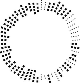 Circular composition featuring irregular rays made of squares, radiating half inside and half outside an empty central circle. vector