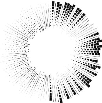 Rays of irregular square shapes radiate inward and outward around a circular center with open space. vector