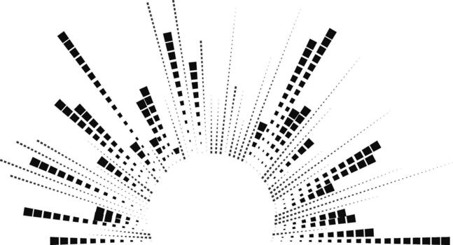 Semicircular form with long rays arranged in an irregular radial pattern around a central circular space. vector