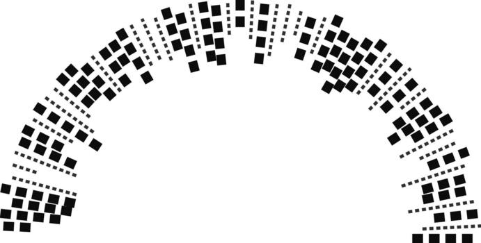 Inside-pointing rays formed with squares in a semicircle leave a large circular space at the center. vector